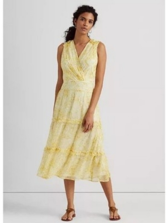 Lauren Ralph Lauren Dresses & Skirts - Lauren Ralph Lauren Yellow Floral Tiered Midi Dress Sleeveless Size 10 Lined